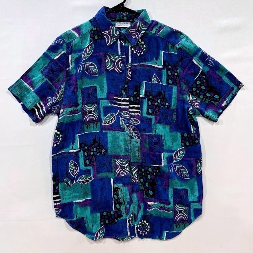 Alfred Dunner Womens Vintage 8 Abstract Geometric Short Sleeve Button Up Blouse‎